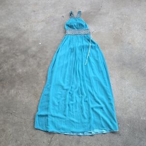 VTG Y2K Cache Beaded Silk Halter Gown  Open Back Prom Dress 0